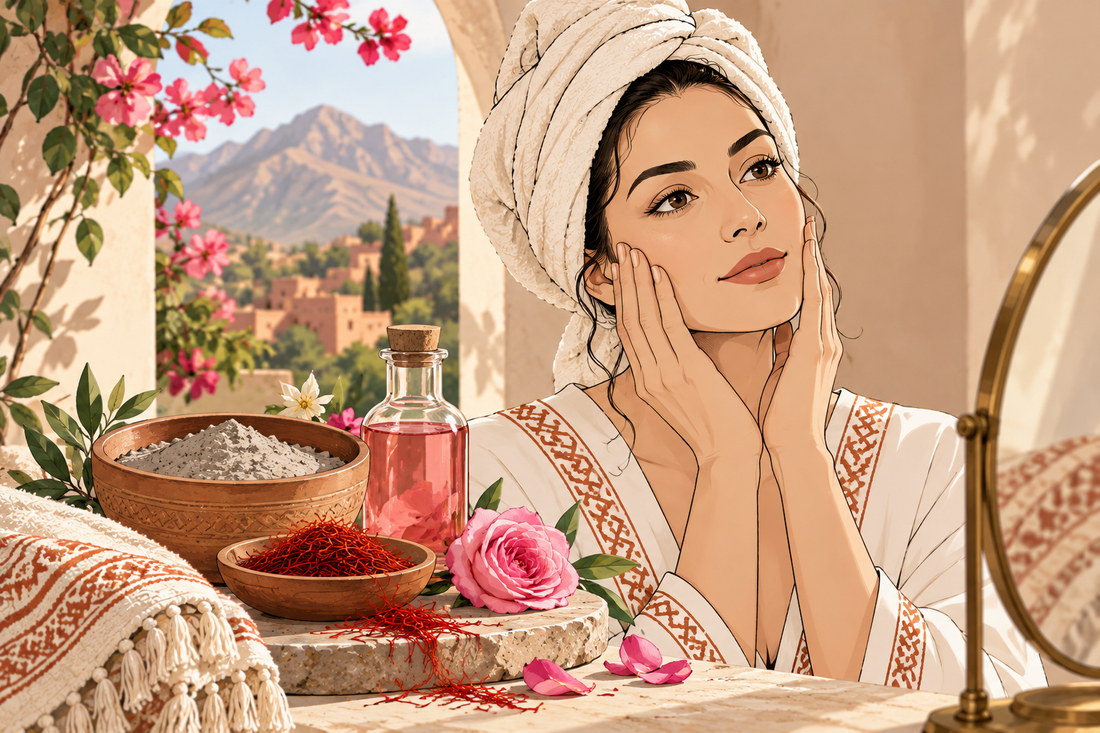 Natural skincare ritual for dull skin with saffron, rose water and rhassoul