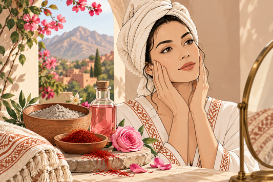 Natural skincare ritual for dull skin with saffron, rose water and rhassoul
