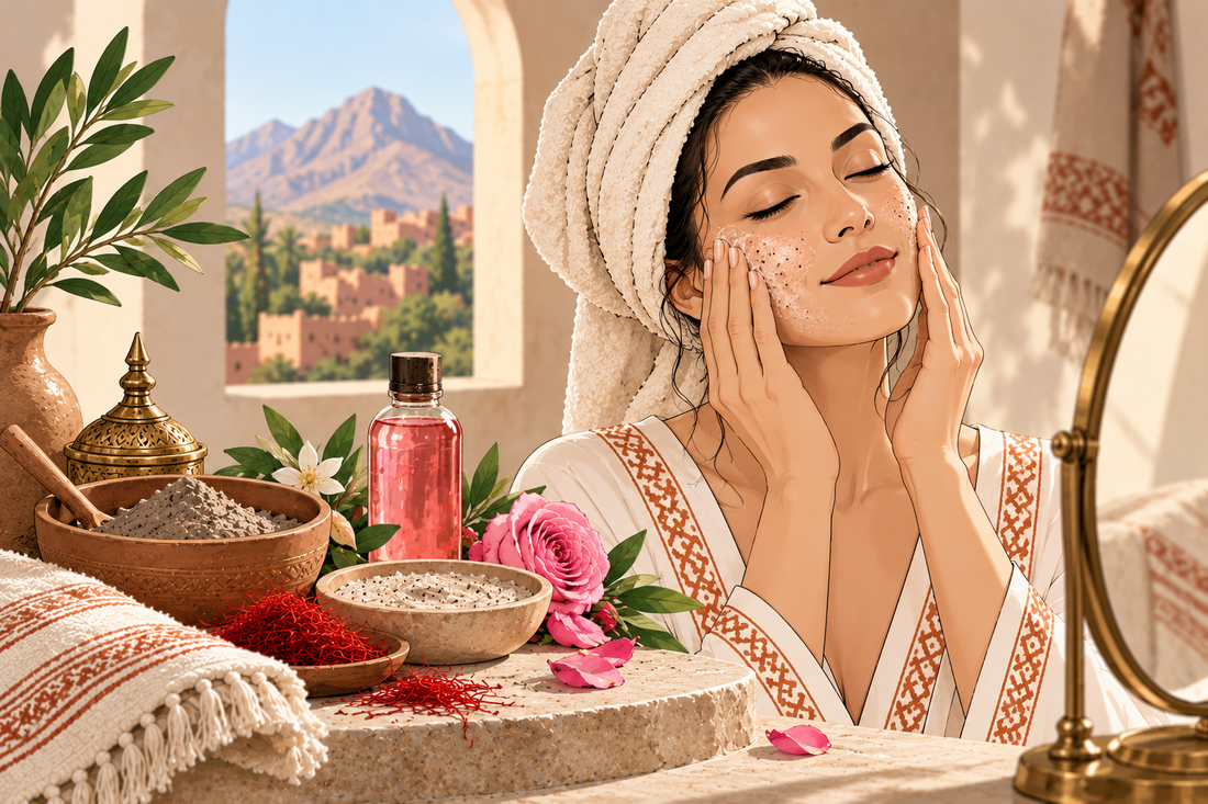 Natural skincare routine for glowing skin with gentle exfoliation and Moroccan botanicals